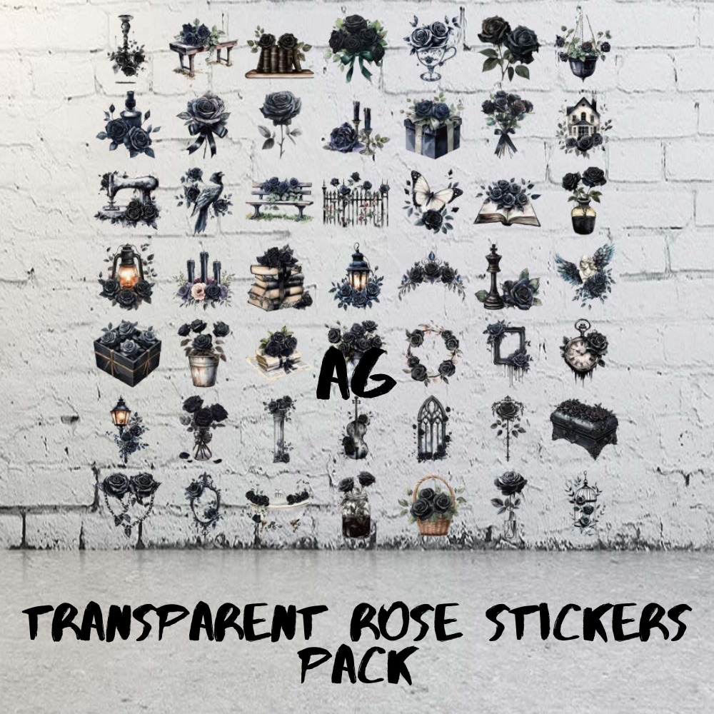 SET OF 50 X BLACK ROSE TRANSPARTENT STICKERS