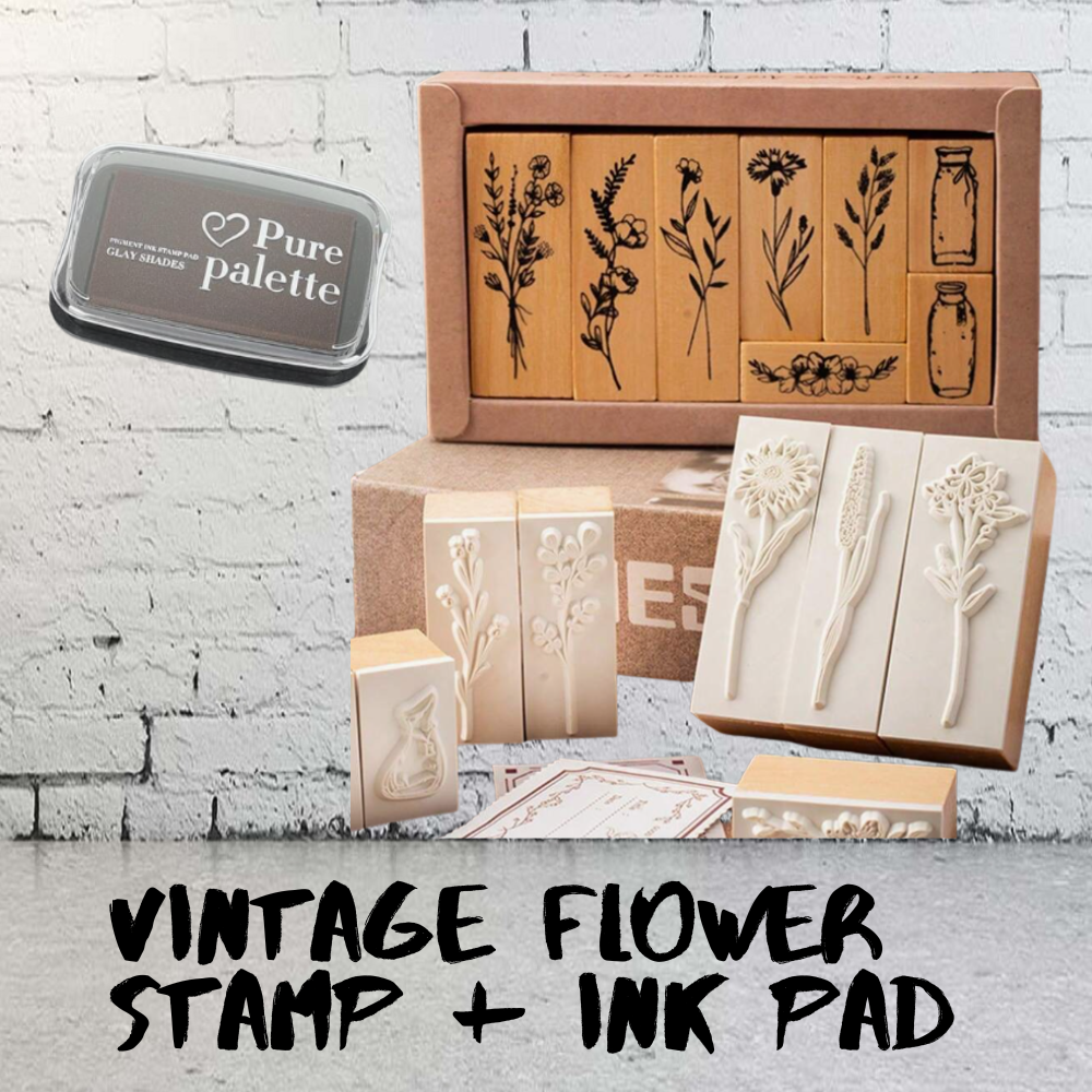 1 x RANDOM VINTAGE FLOWER STAMP + BLACK INK PAD